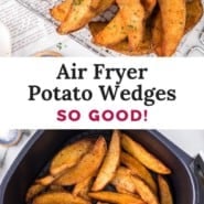 Air fryer potato wedges Pinterest graphic with text and photos.