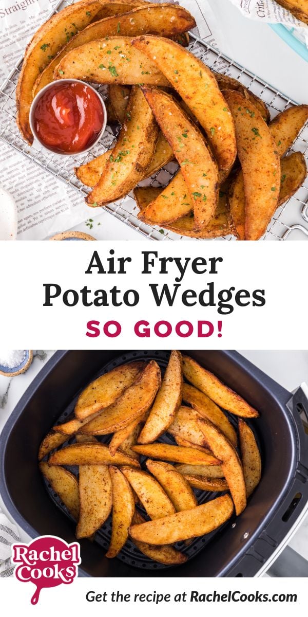 Air fryer potato wedges Pinterest graphic with text and photos.