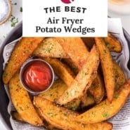 Air fryer potato wedges Pinterest graphic with text and photos.