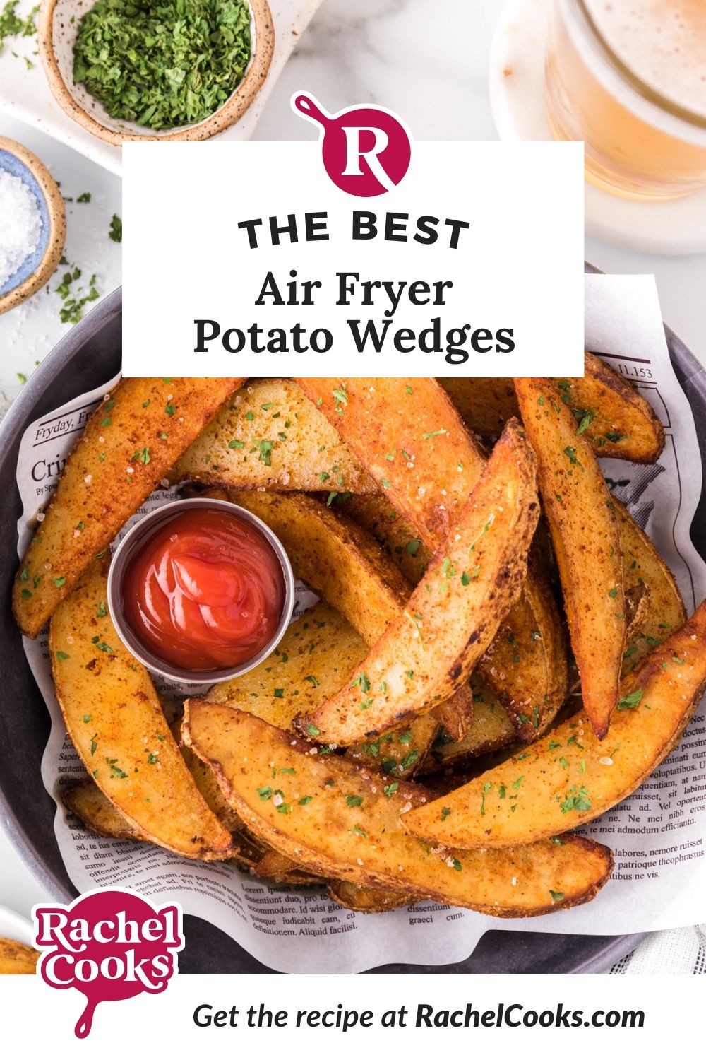 Air fryer potato wedges Pinterest graphic with text and photos.