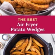 Air fryer potato wedges Pinterest graphic with text and photos.