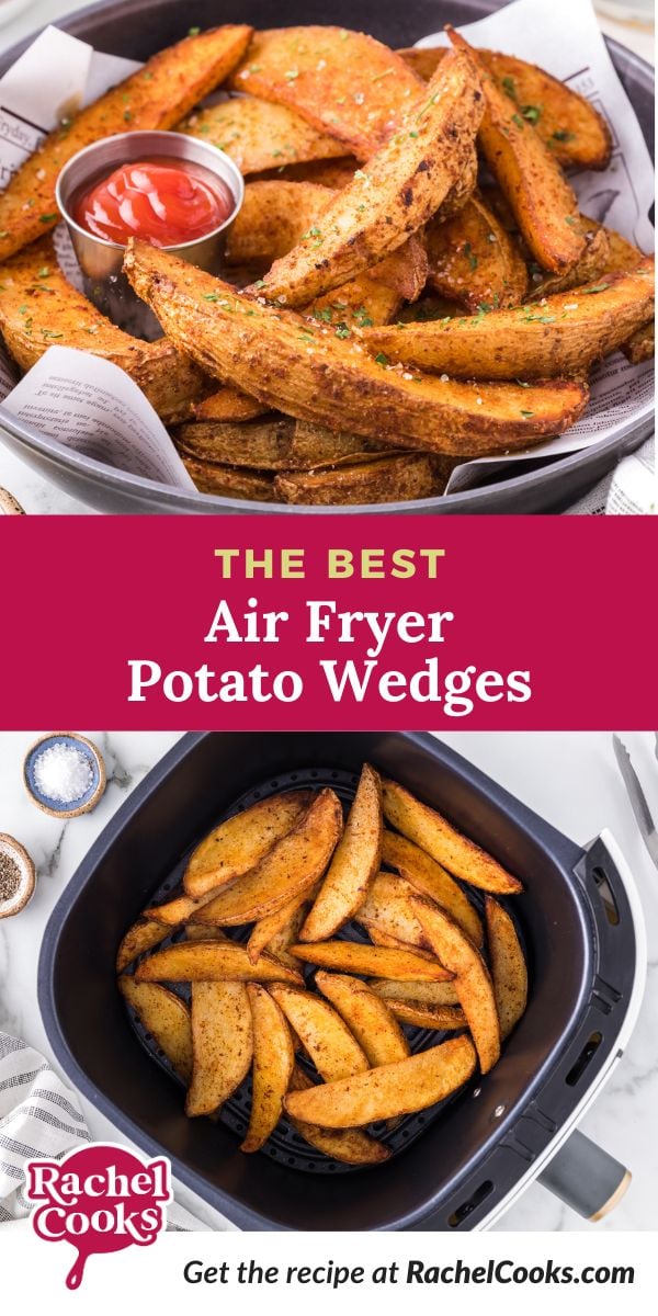 Air fryer potato wedges Pinterest graphic with text and photos.