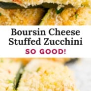 Boursin cheese stuffed zucchini pinterest graphic with text and photos.