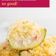 Boursin cheese stuffed zucchini pinterest graphic with text and photos.