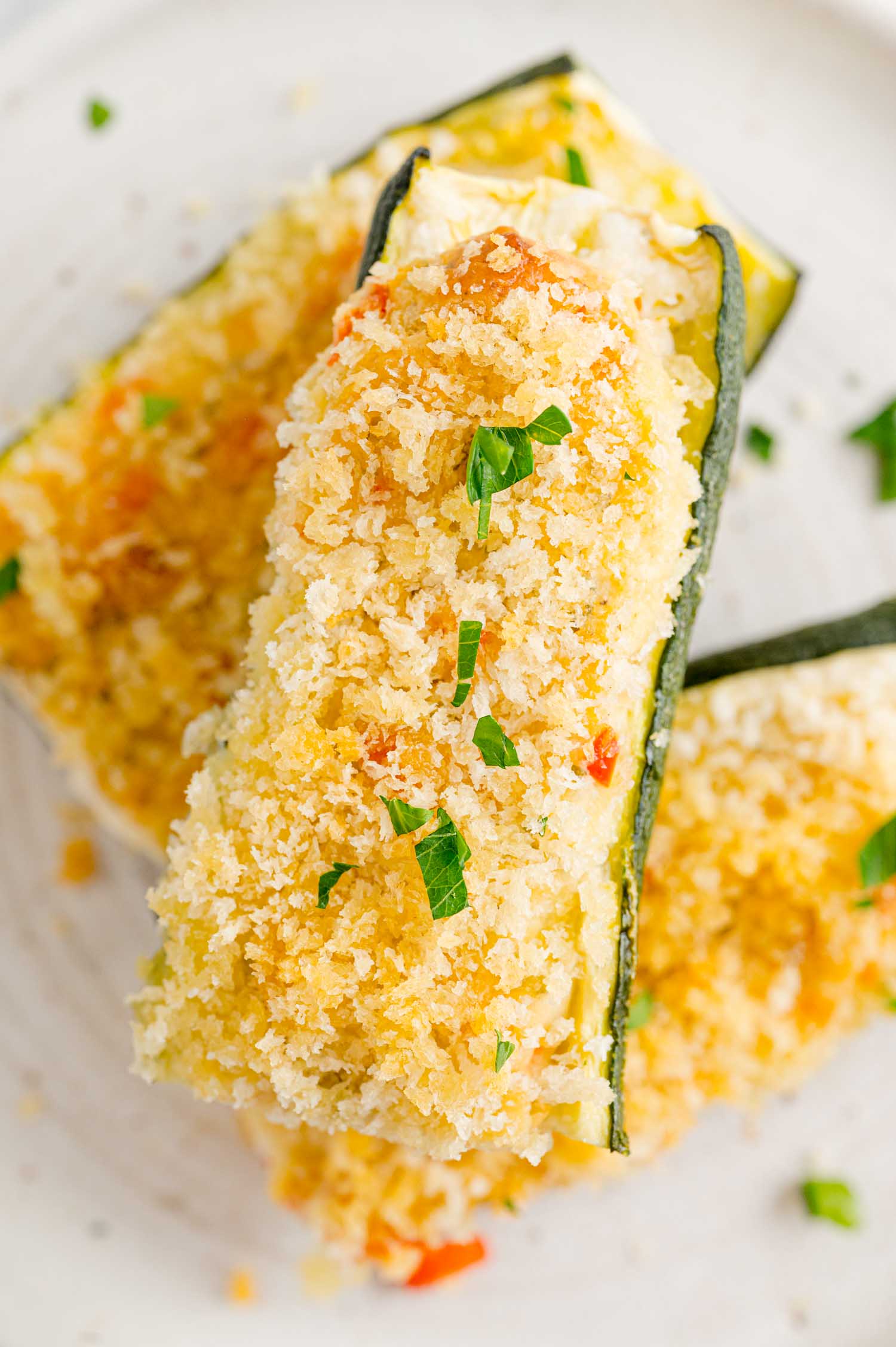 Boursin stuffed zucchini topped with panko bread crumbs.