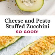 Pesto stuffed zucchini pinterest graphic with text and photos.