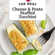 Pesto stuffed zucchini pinterest graphic with text and photos.