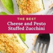 Pesto stuffed zucchini pinterest graphic with text and photos.