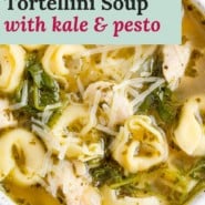 Chicken tortellini soup pinterest image with text and photo.