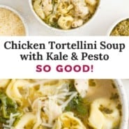 Image pinterest de soupe de tortellini au poulet avec texte et photo.