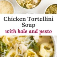 Image pinterest de soupe de tortellini au poulet avec texte et photo.
