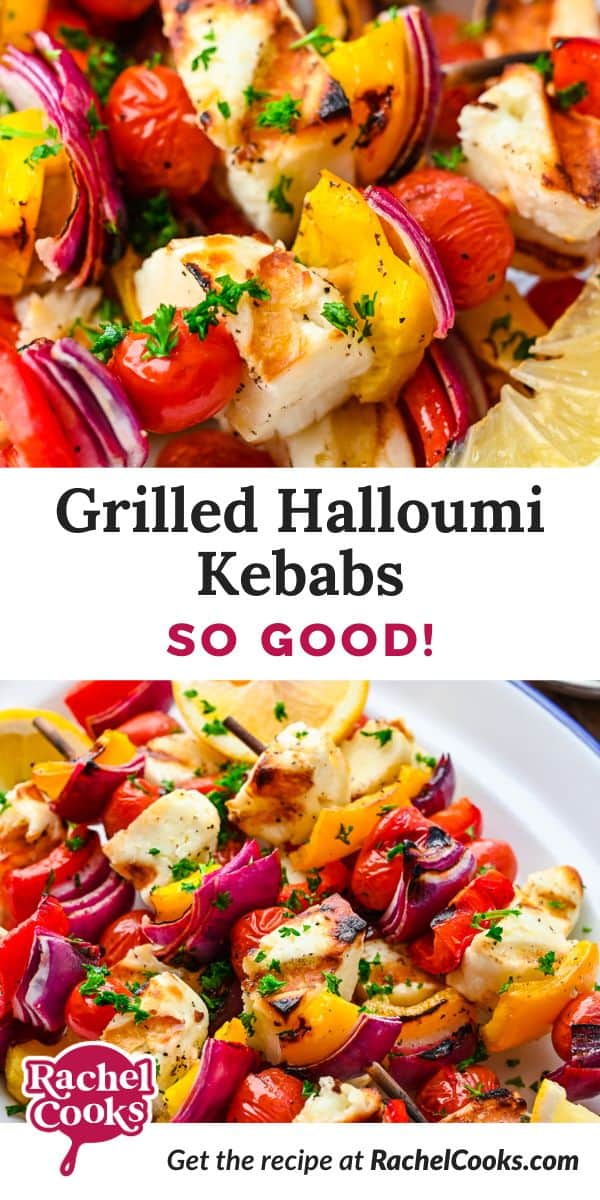 Grilled halloumi kebabs Pinterest graphic.