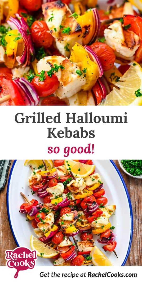 Grilled halloumi kebabs Pinterest graphic.