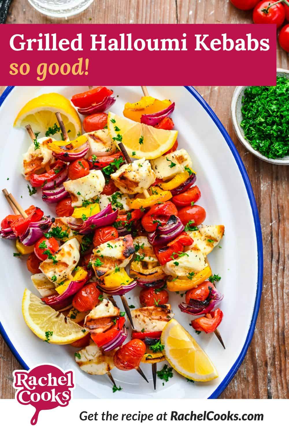 Grilled halloumi kebabs Pinterest graphic.