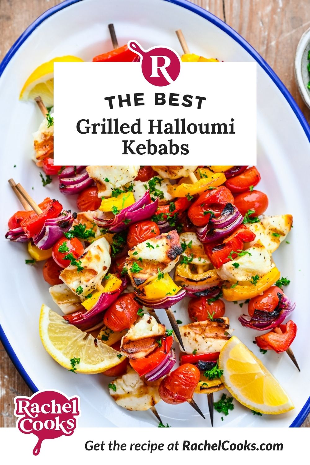 Grilled halloumi kebabs Pinterest graphic.