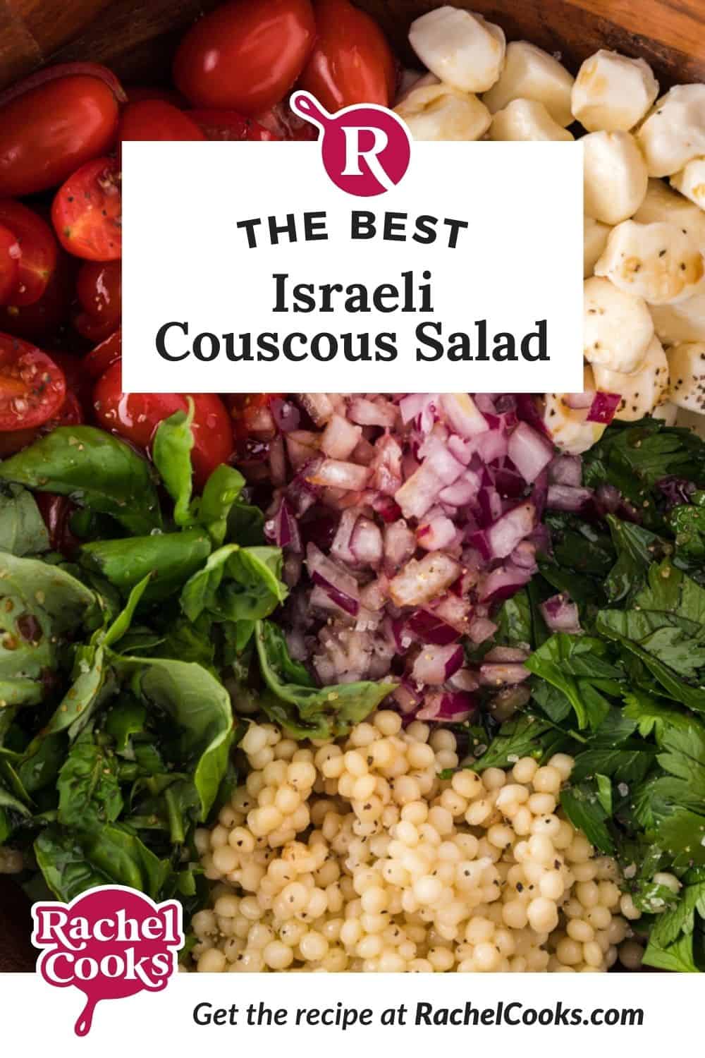 Couscous salad Pinterest graphic with text and images.