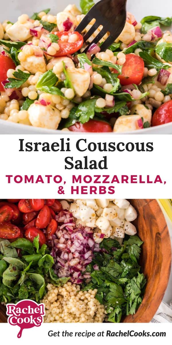 Couscous salad Pinterest graphic with text and images.