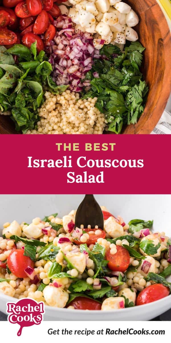 Couscous salad Pinterest graphic with text and images.