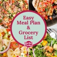 Meal plan pinterest graphic with photos of recipes.