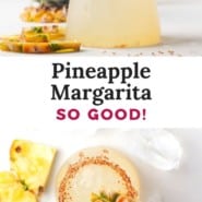 Pineapple margarita pinterest graphic with text and photos.