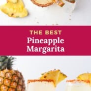 Pineapple margarita pinterest graphic with text and photos.