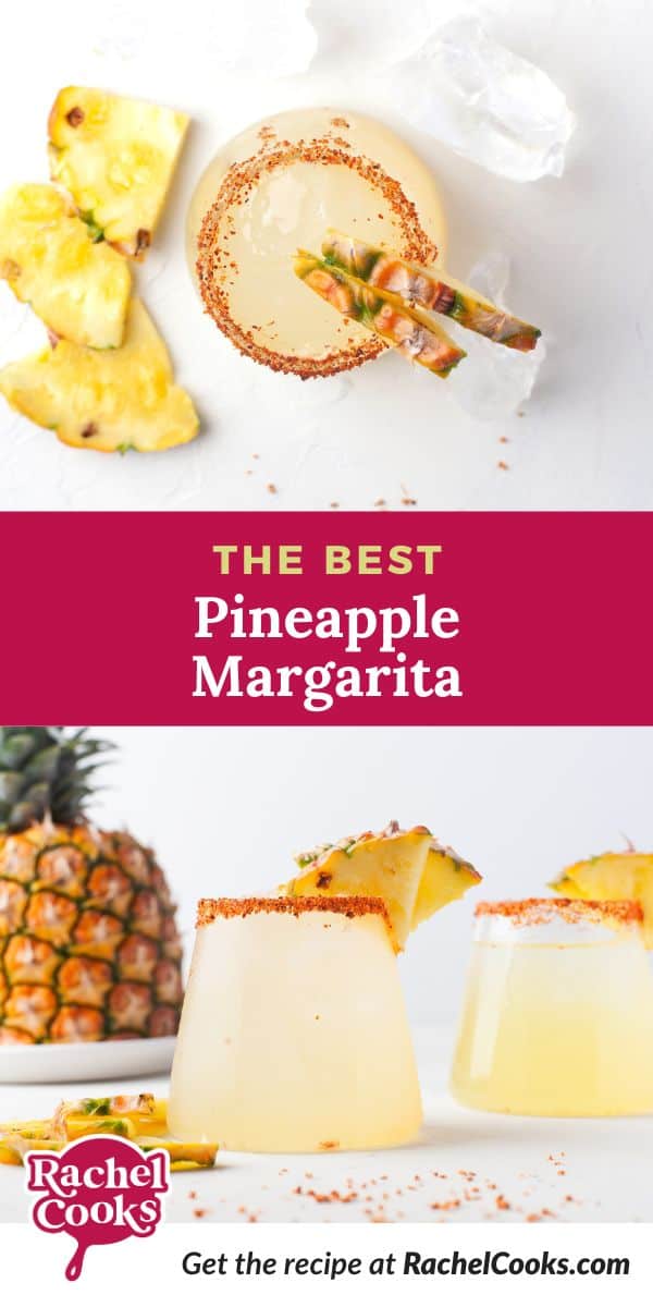 Pineapple margarita pinterest graphic with text and photos.
