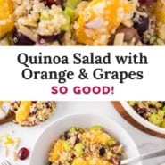 Quinoa salad with orange and grapes pinterest graphic, with text and photos.