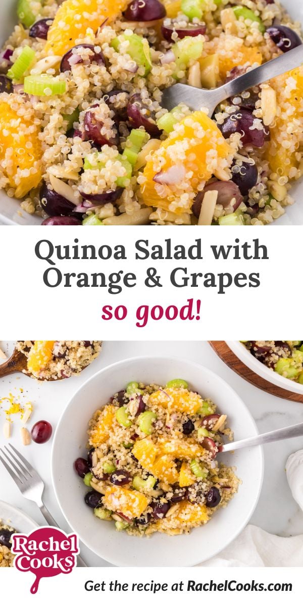 Quinoa salad with orange and grapes pinterest graphic, with text and photos.