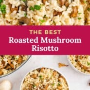 Mushroom risotto pinterest graphic, including text and photos.