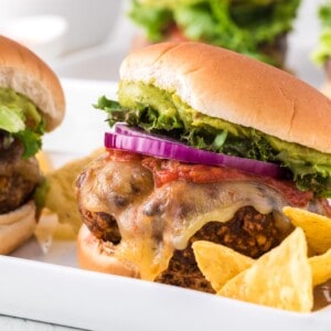 Taco turkey burger with toppings and chips.