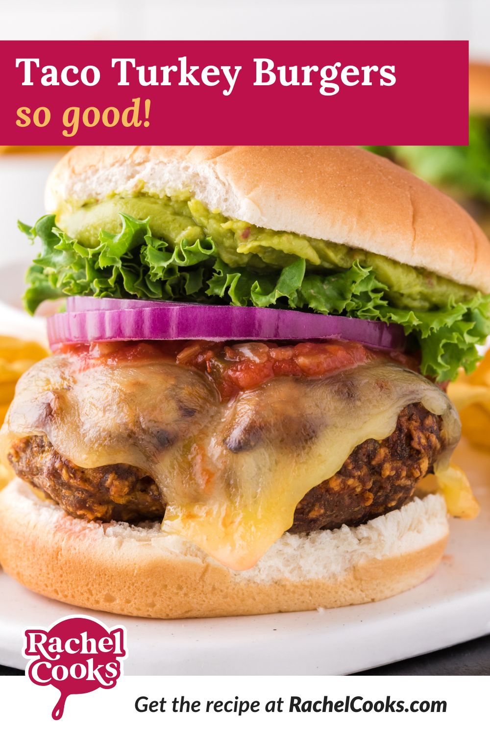 Taco turkey burger Pinterest graphic with text and photos.
