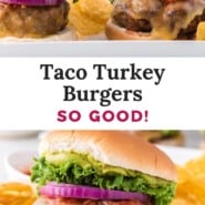 Taco turkey burger Pinterest graphic with text and photos.