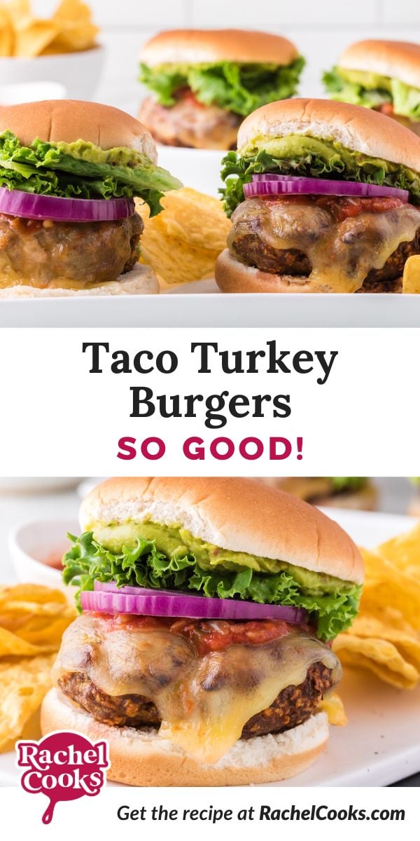 Taco turkey burger Pinterest graphic with text and photos.