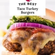 Taco turkey burger Pinterest graphic with text and photos.