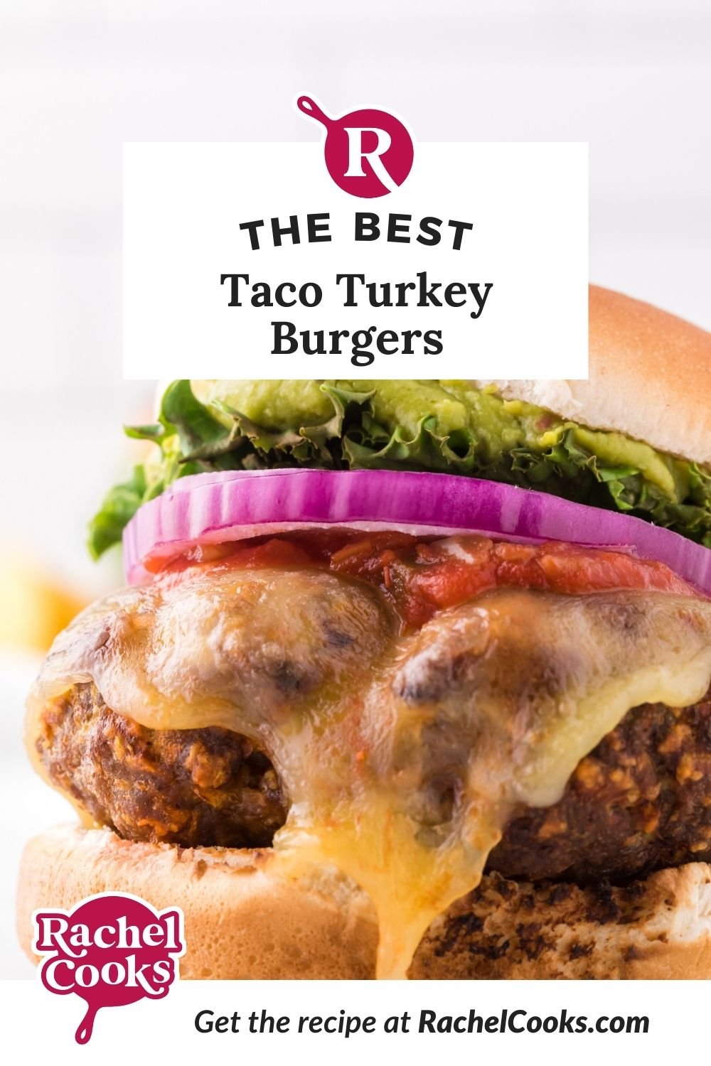Taco turkey burger Pinterest graphic with text and photos.