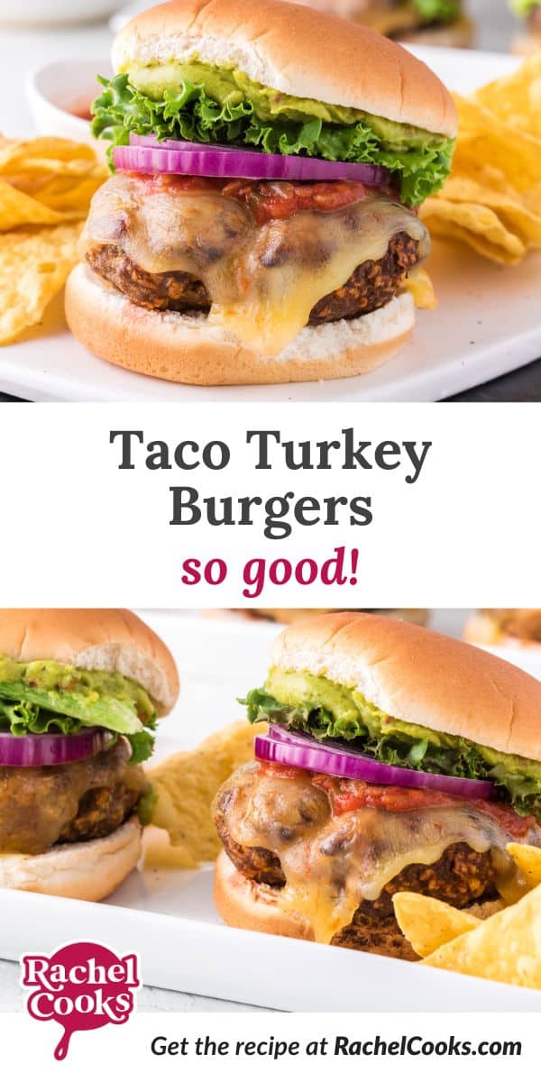 Taco turkey burger Pinterest graphic with text and photos.