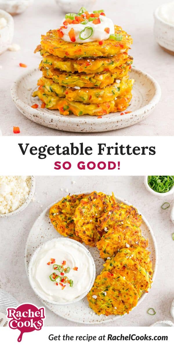 Vegetables fritters Pinterest image with text and photos.