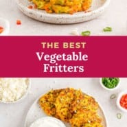 Vegetables fritters Pinterest image with text and photos.