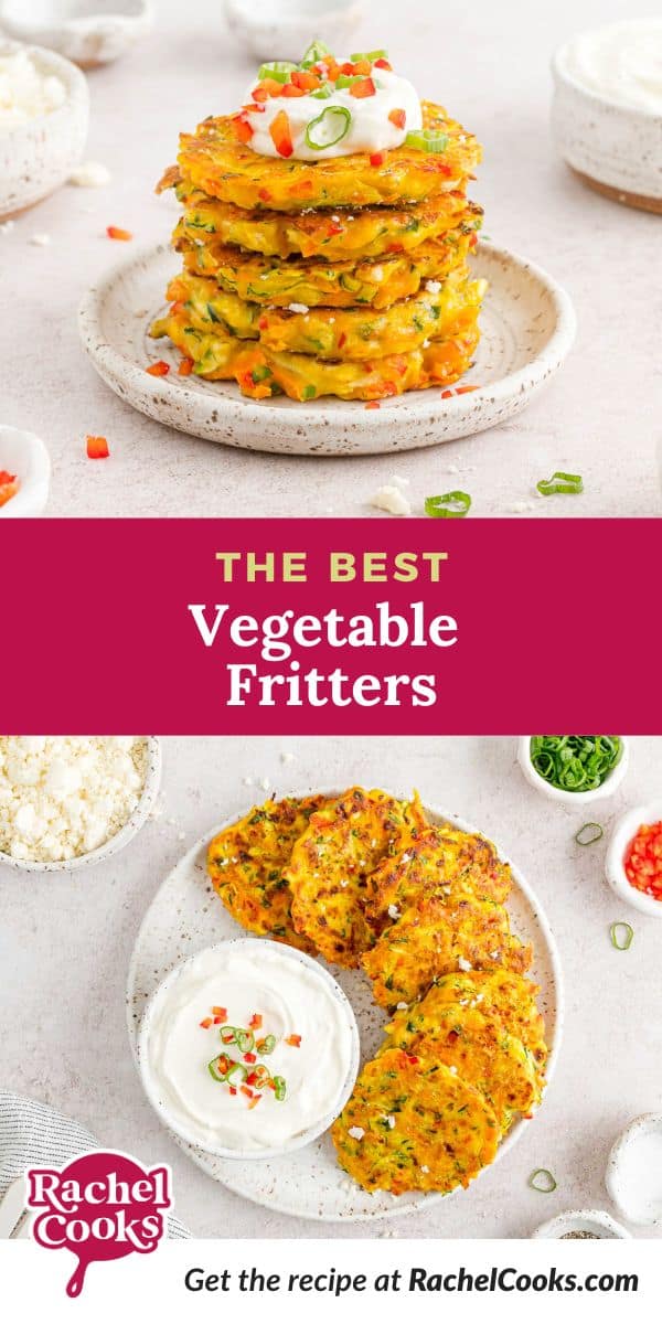 Vegetables fritters Pinterest image with text and photos.