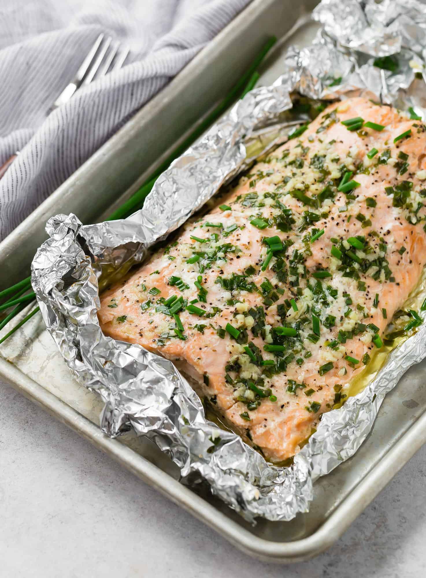 Garlic butter salmon in foil packet.