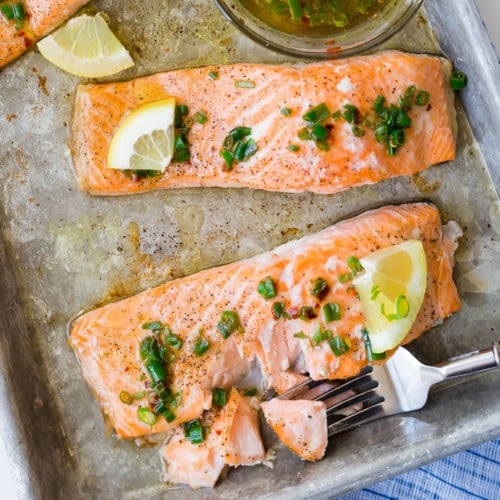 Easy baked salmon with lemon and chives, on a sheet pan.
