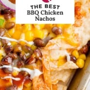 BBQ chicken nachos Pinterest graphic with text and images.