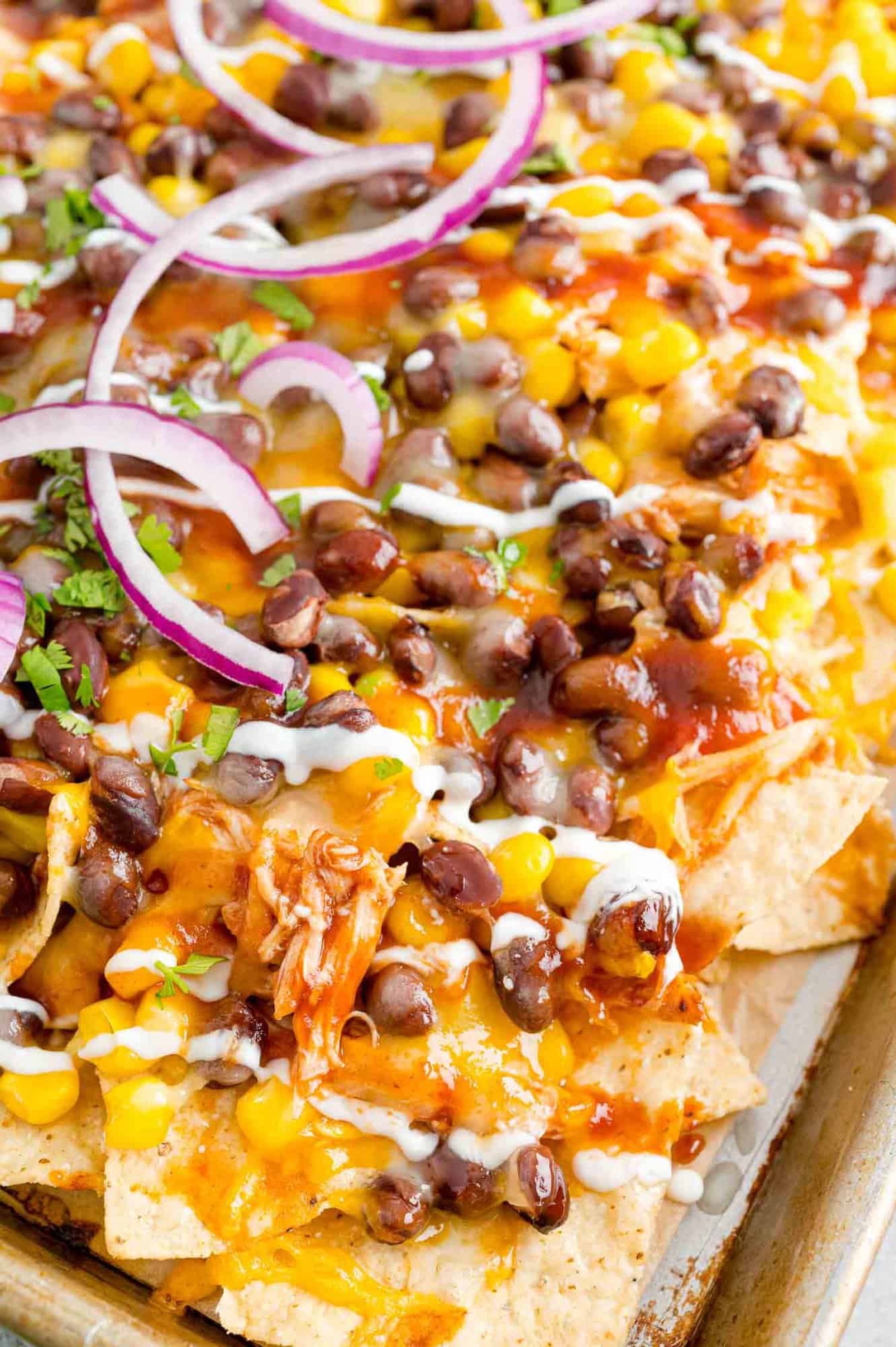Close up of nachos with toppings.