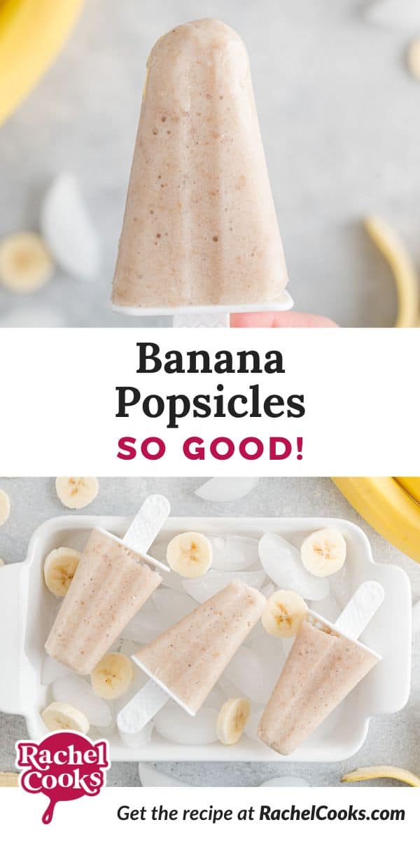 Banana popsicles Pinterest image, with text and graphics.
