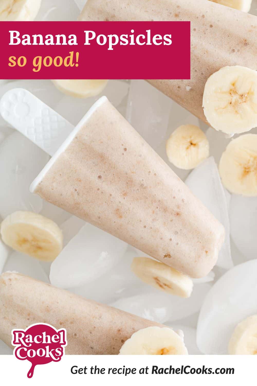 Banana popsicles Pinterest image, with text and graphics.