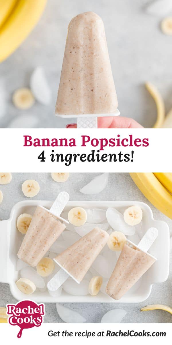 Banana popsicles Pinterest image, with text and graphics.