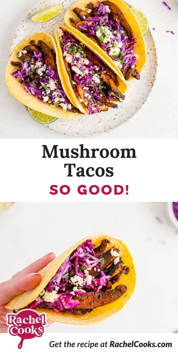 Mushroom tacos Pinterest image with text and photos.