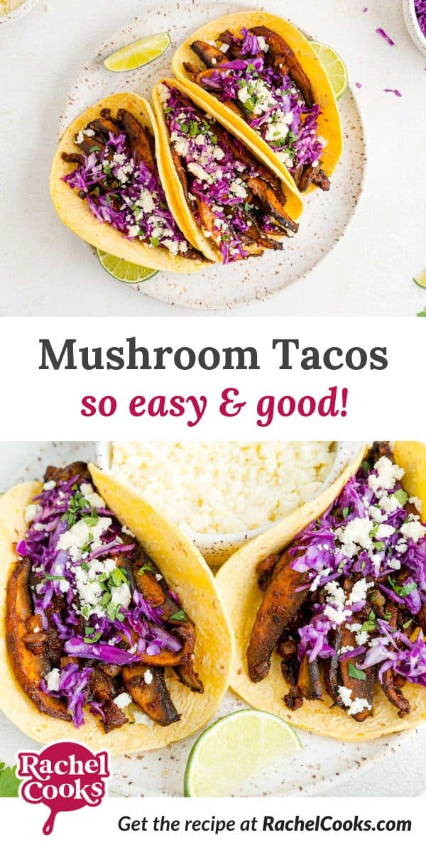 Mushroom tacos Pinterest image with text and photos.