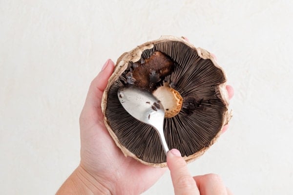 Gills of mushroom being scraped out with a spoon.