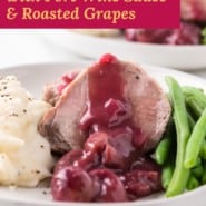 Pork tenderloin with port sauce Pinterest graphic with text and photos.